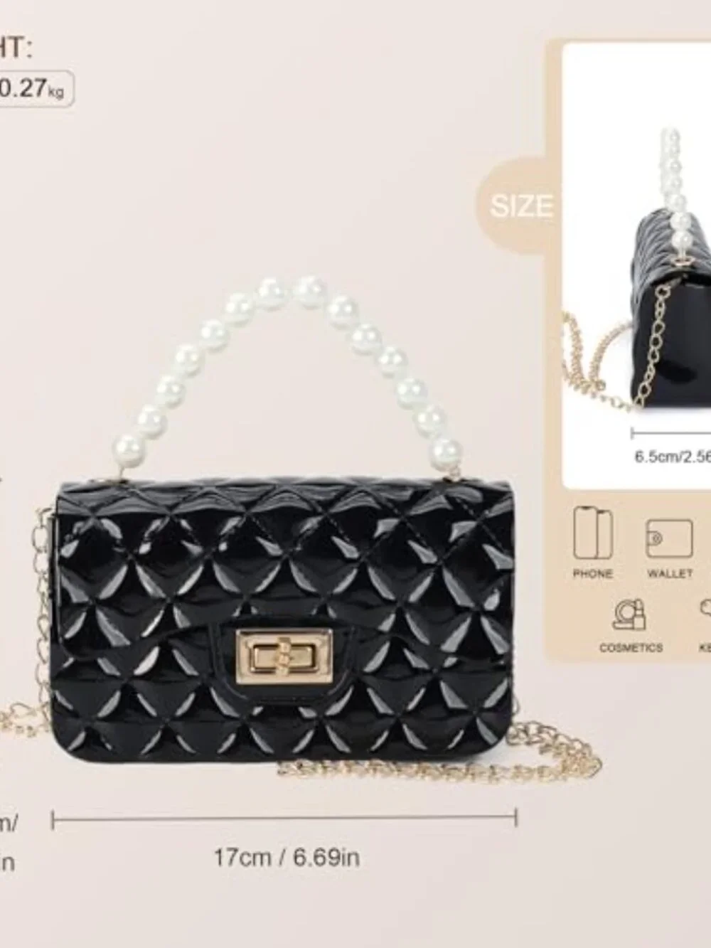 Mini Quilted Crossbody Bag with Pearl Handle Detachable Chain